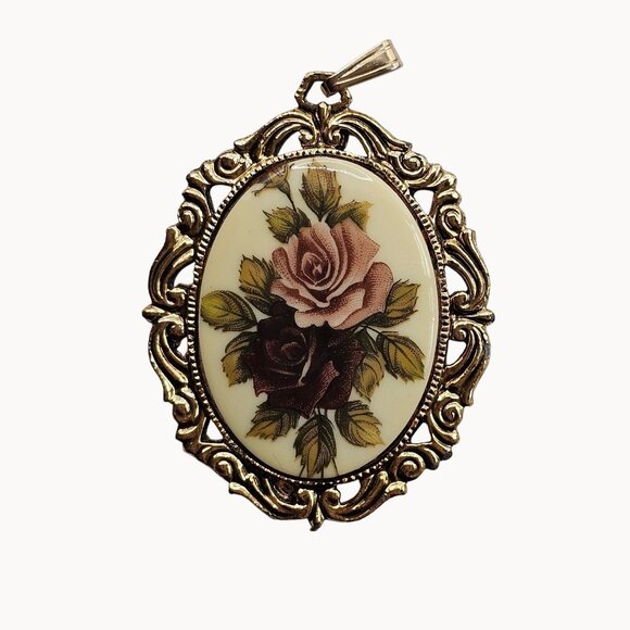 VTG Necklace Pendant Floral Cameo Mirror Backed Gold Tone Frame Antique Revival - Picture 1 of 10